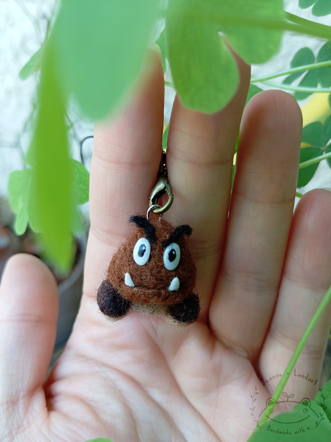 Felted figurine of a Goomba from Nintendo's Franchise
