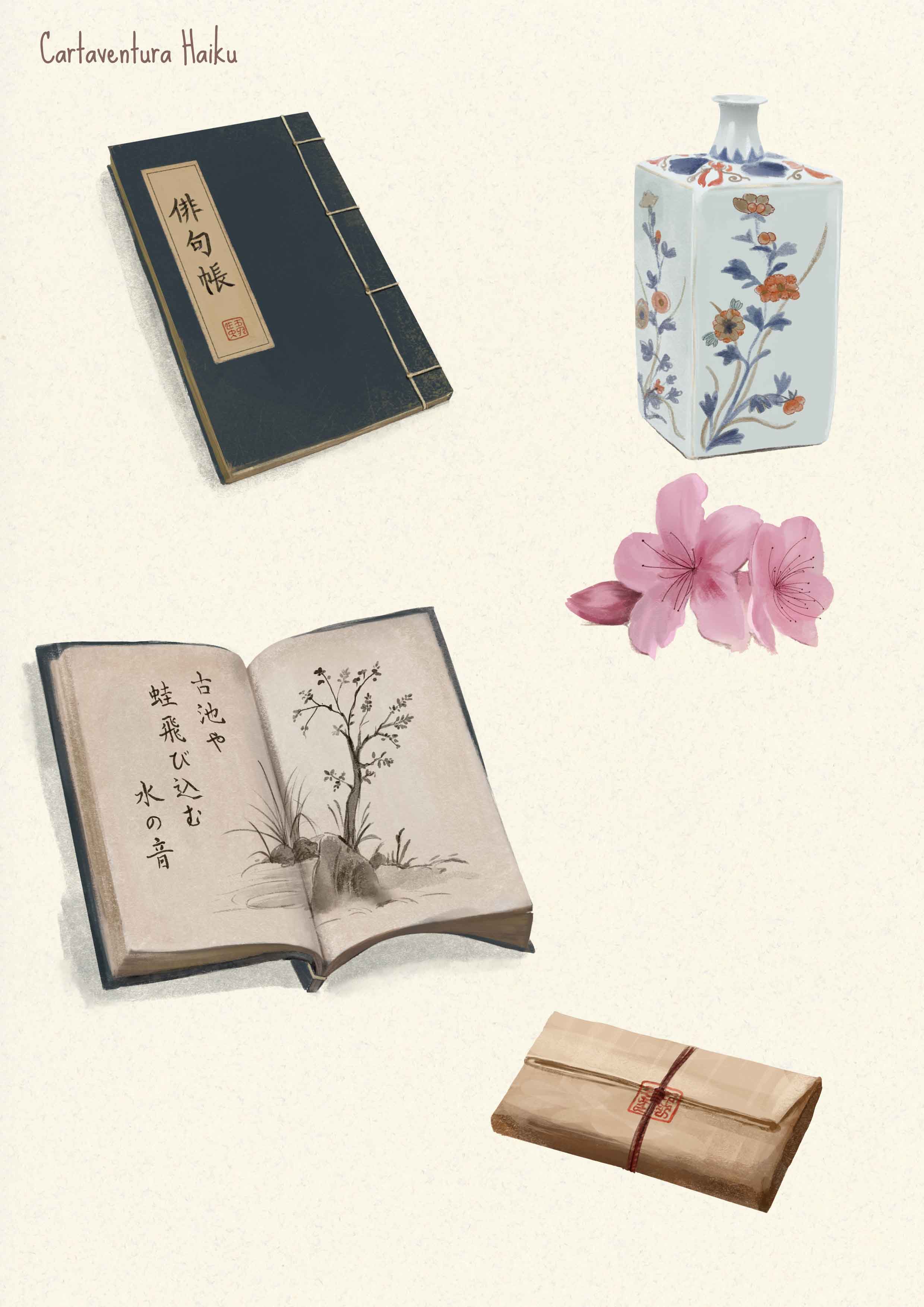 Illustration of objects used in the boradgame Cartaventura Haïku