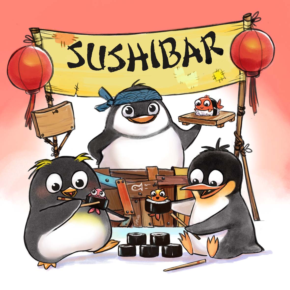 Box Cover illustration for a boardgame, Sushibar junior