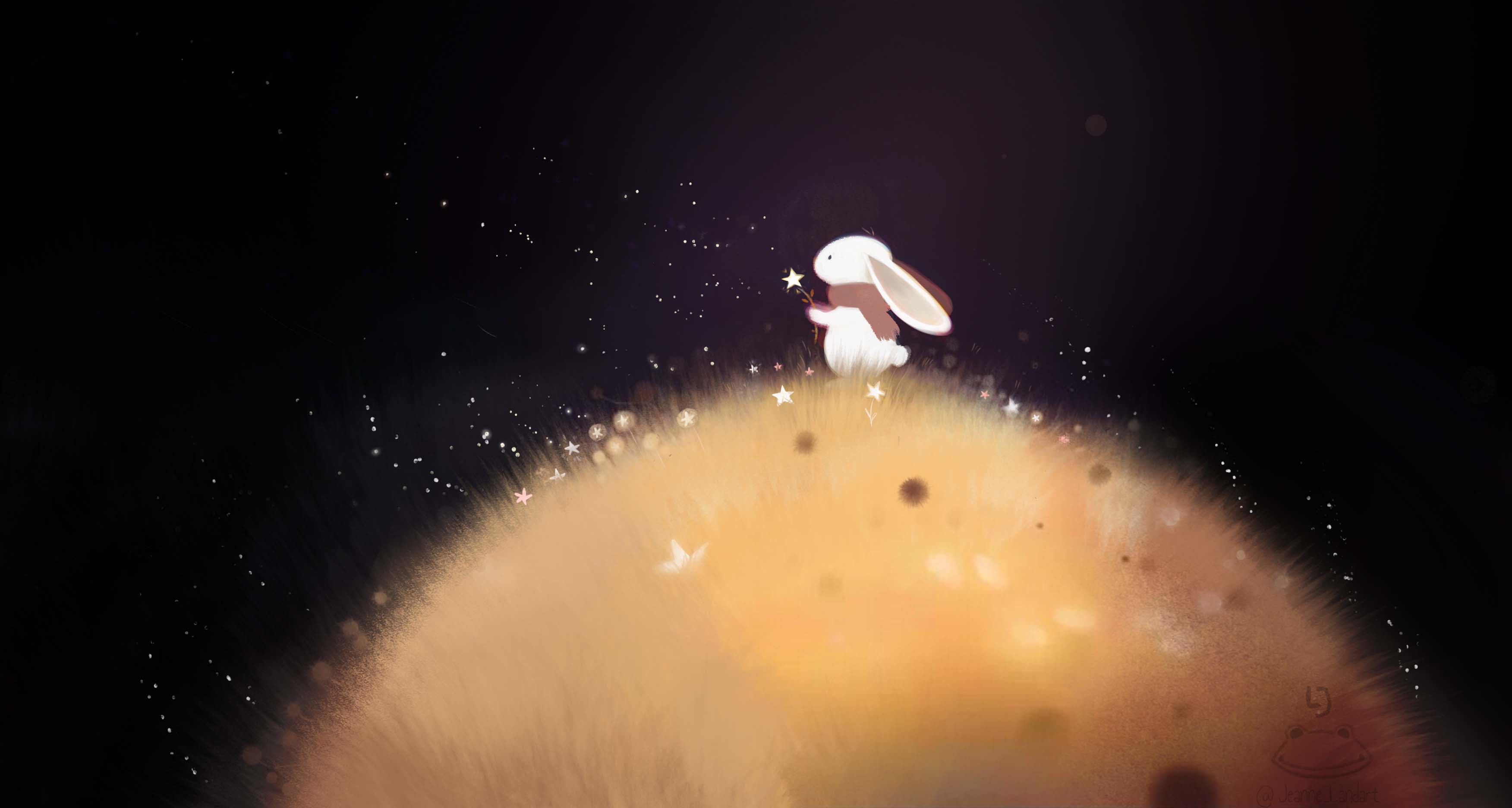 Drawing of a bunny on a fluffy planet