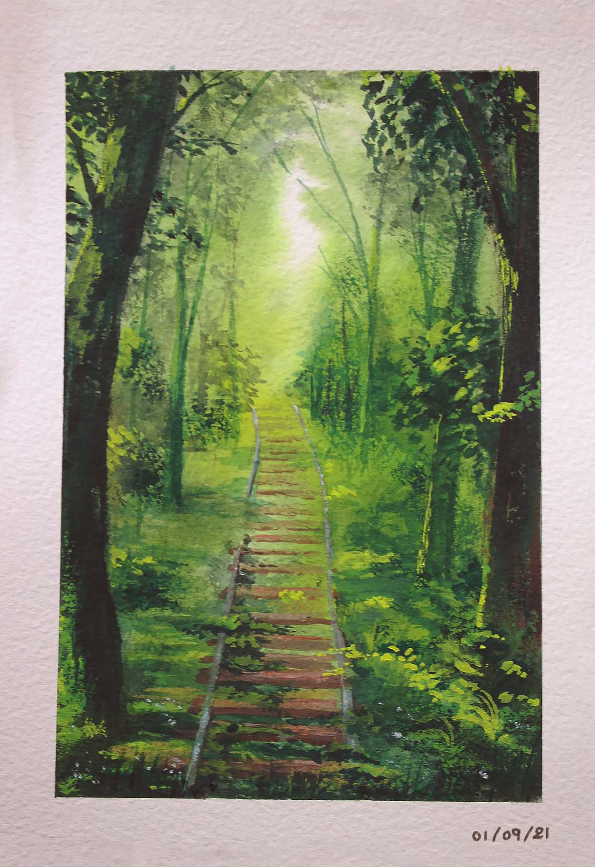Gouache illustration of a train's rail in a forest