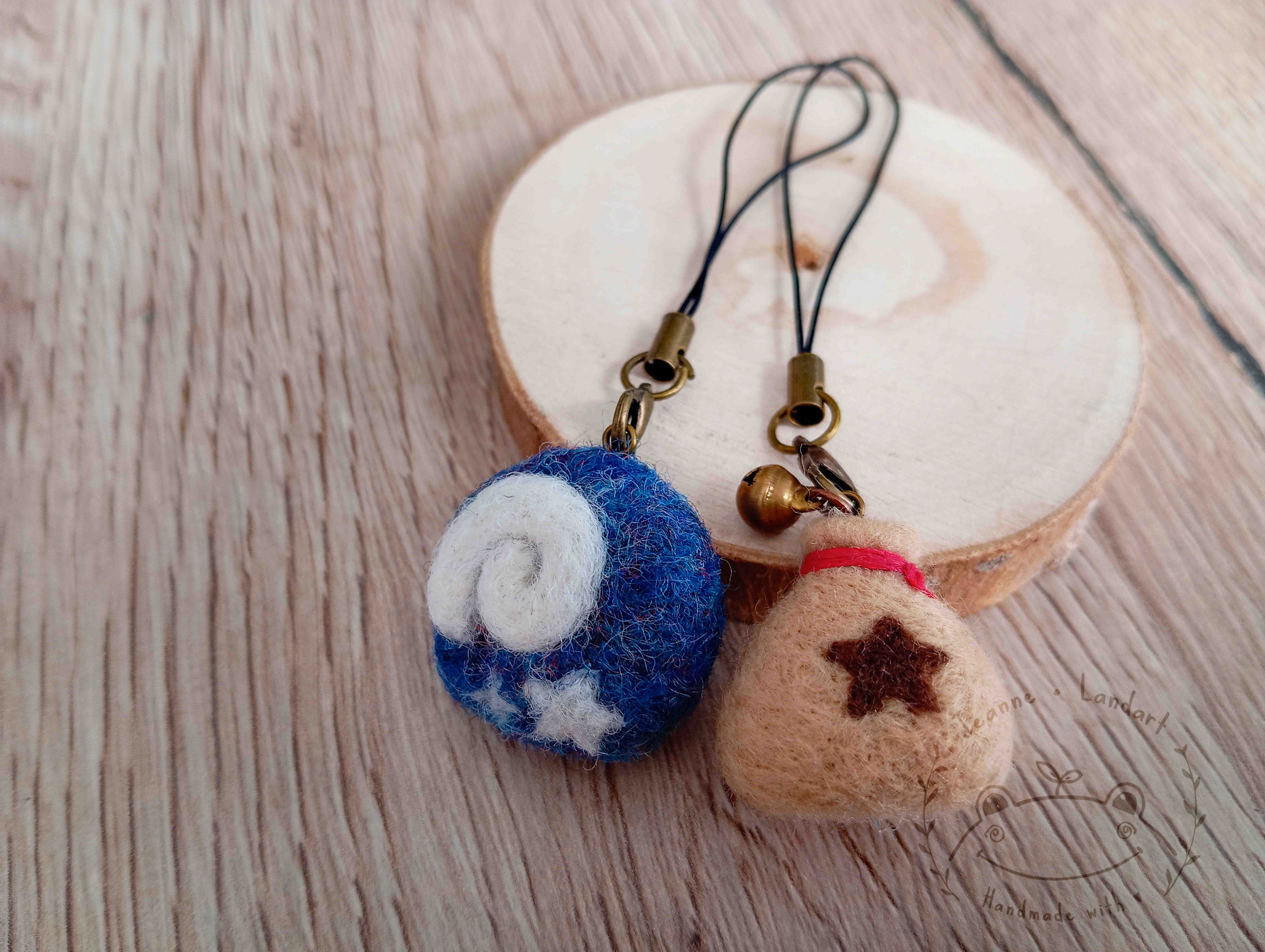Felted figurines of fossils and bells from Animal Crossing franchise
