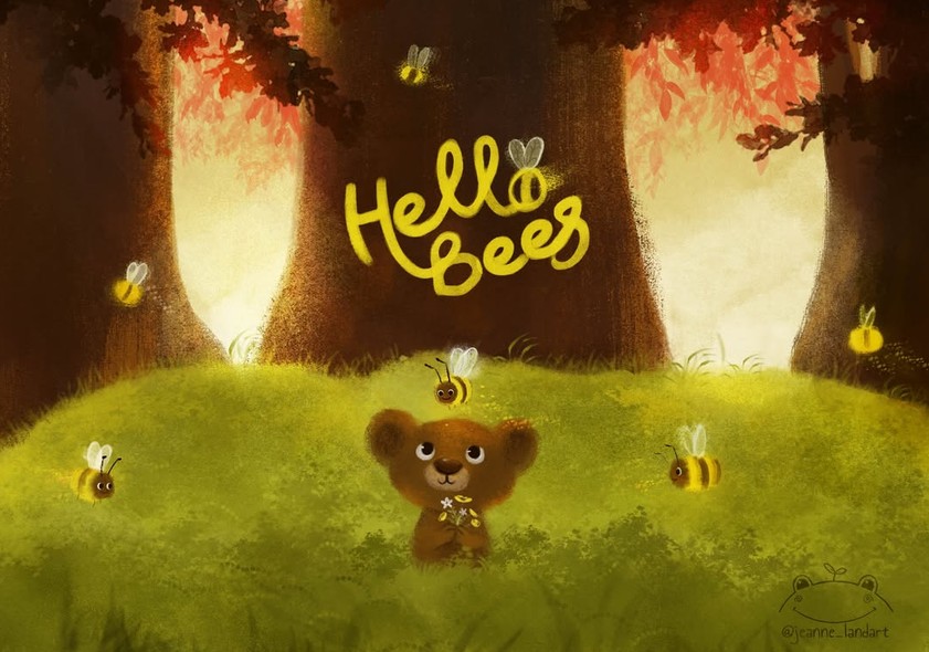 Children's book illustration of a cute cub ofering flowers to bees