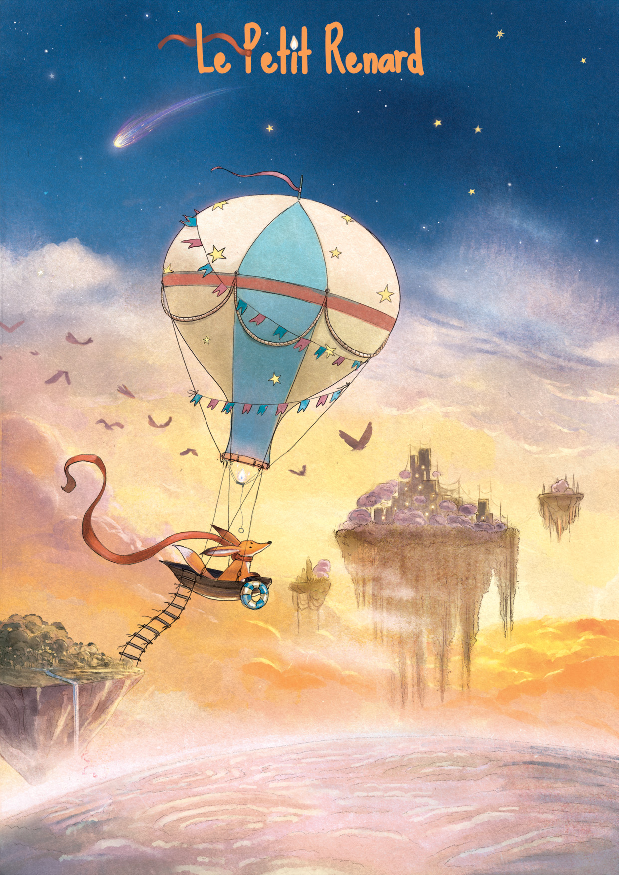 Poster of a fox traveling in hot air balloon for the AgenceFriedman society