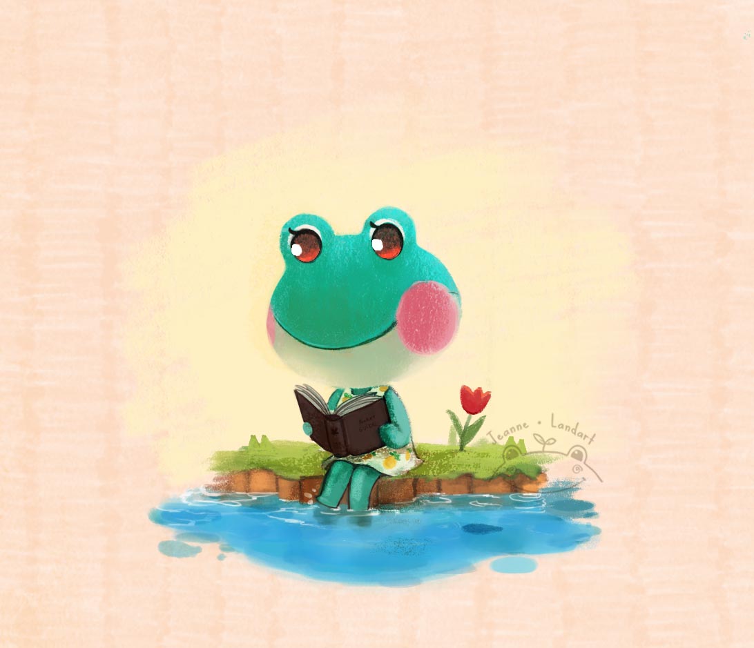 Illustration of a frog reading a book, children's book illustration