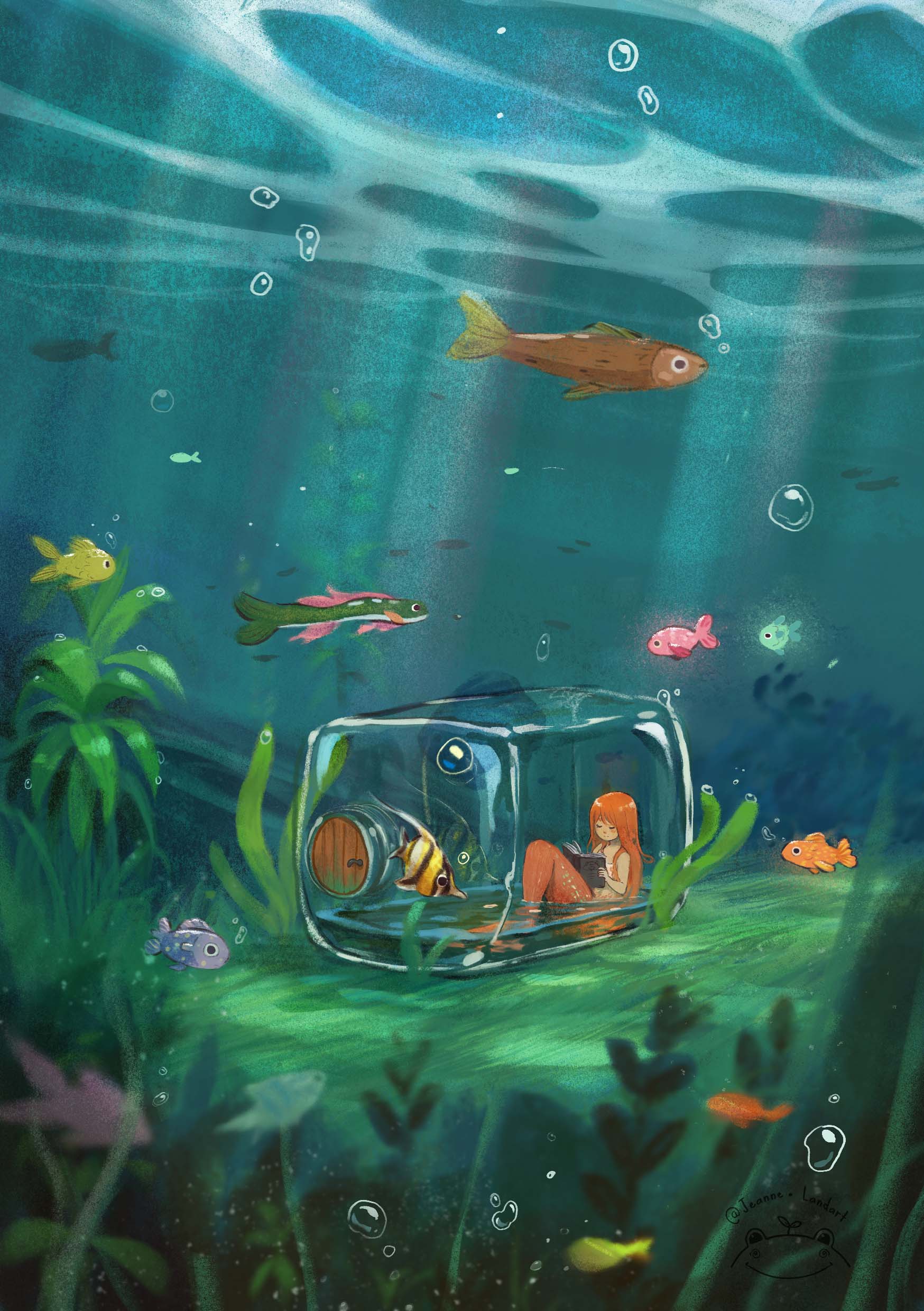 Illustration of a mermay in a cozy bottle, reading