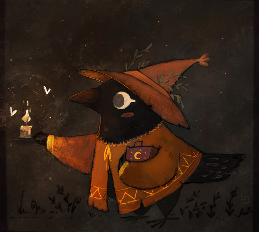 Drawing of a black bird holding a candele