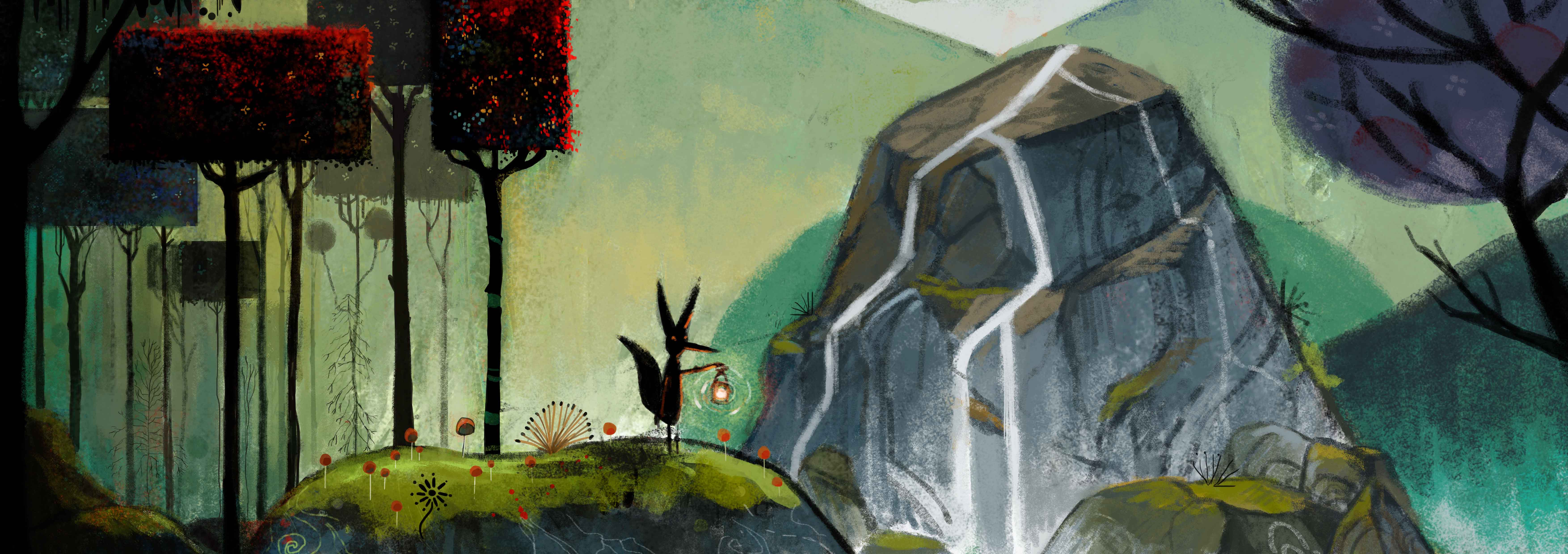 Illustration of a fox in a valley with rivers