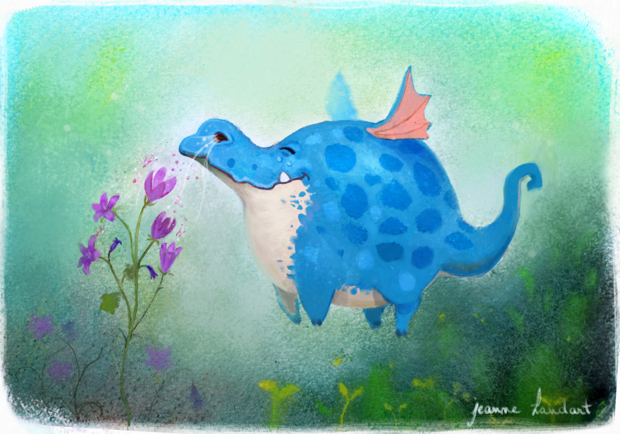 Illustration of a small dragon who's smelling flowers