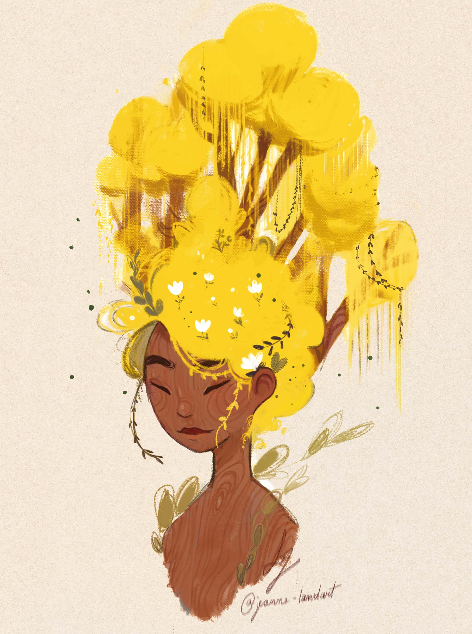 Character illustration of a girl with wooden skin