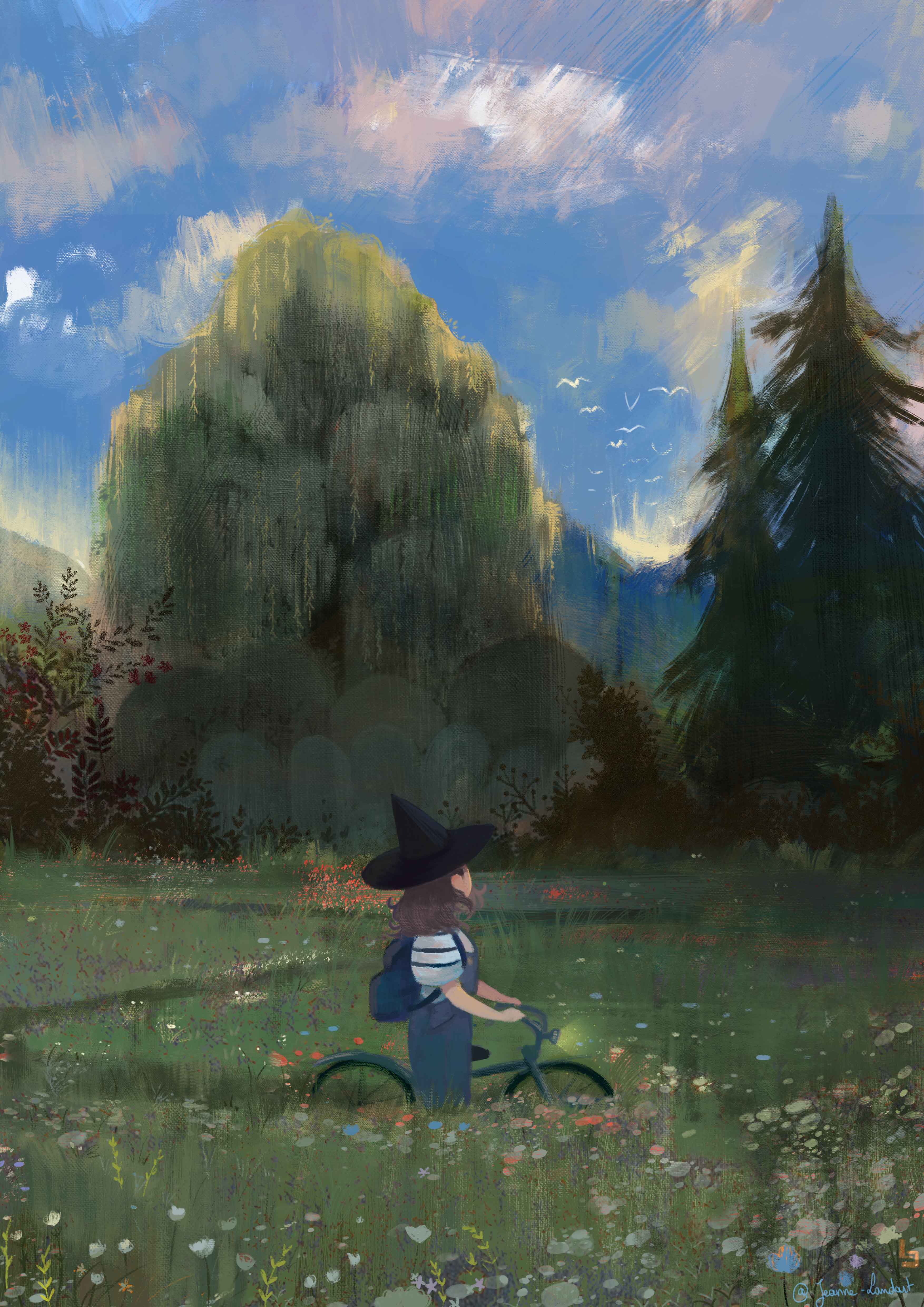 Drawing of a with walking by a bycle, looking at a beautiful sky