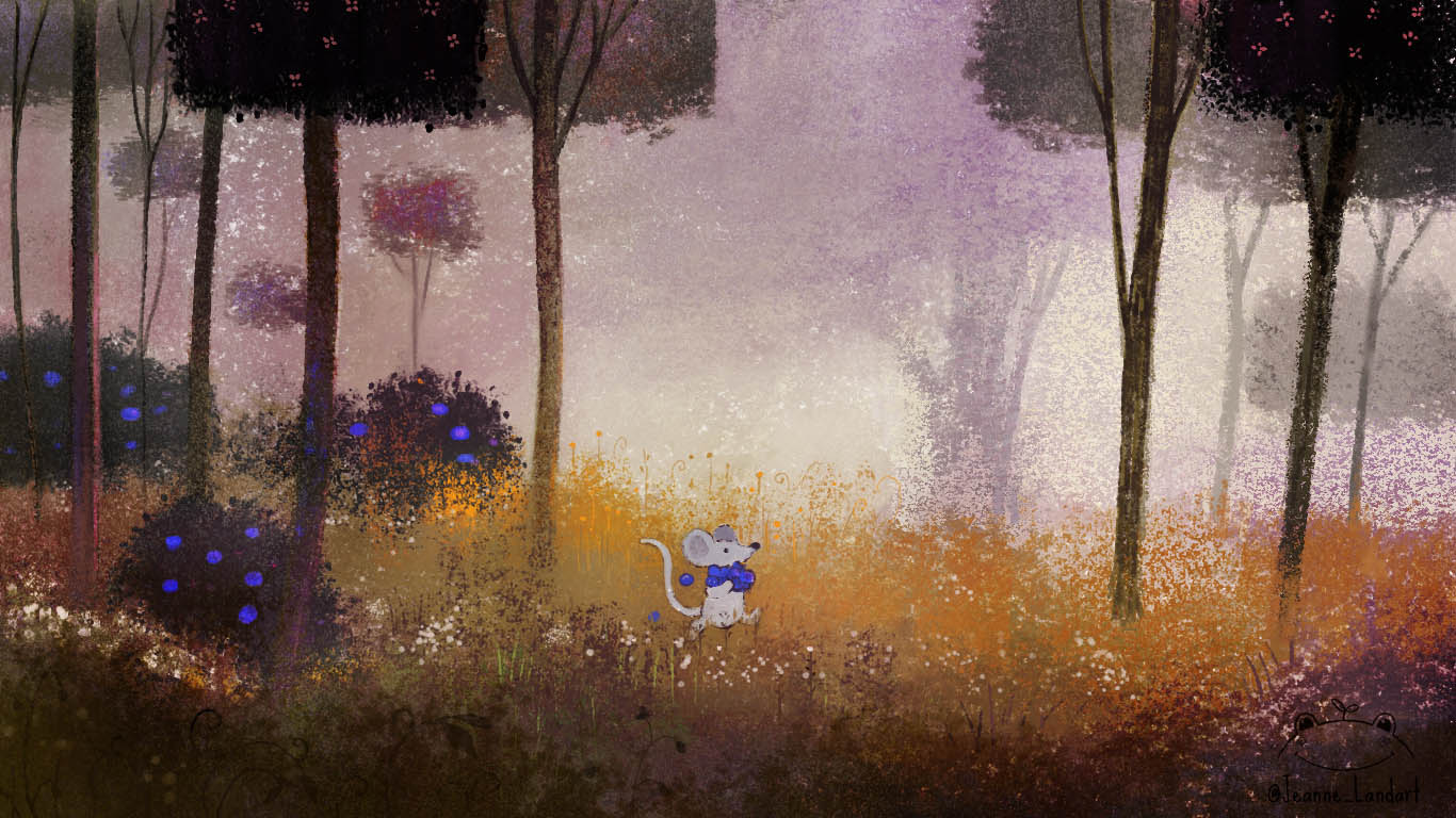 Illustration of a mouse running and harvesting berries